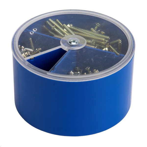 Schraubenbox blau gefüllt mit Geräteschrauben mit Kreuz je 100 Stück 15,25 und 40 mm
