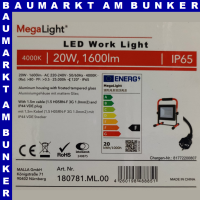 MegaLight LED Floodlight 20W mit Kabel 840 120° NODIM
