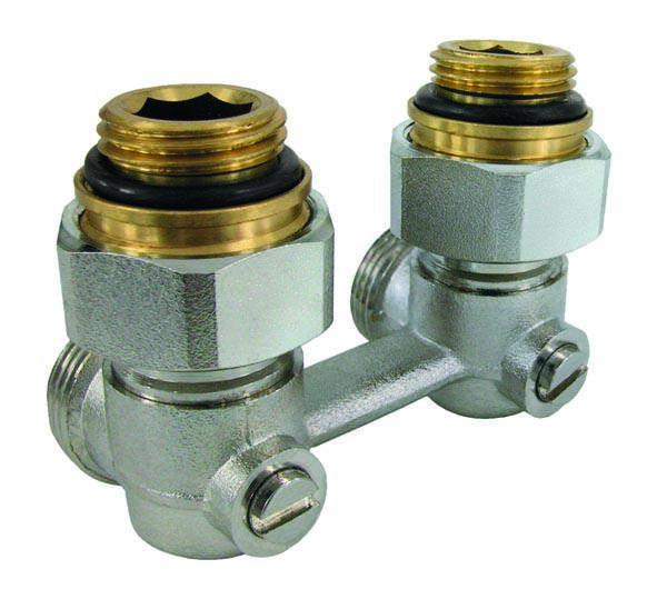 Zweirohr-Hahnblock in Eckform, mit zwei Anschlussnippeln, 1/2" x 50mm, MS-vernickelt