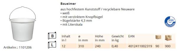 Baueimer 12 Liter weiß