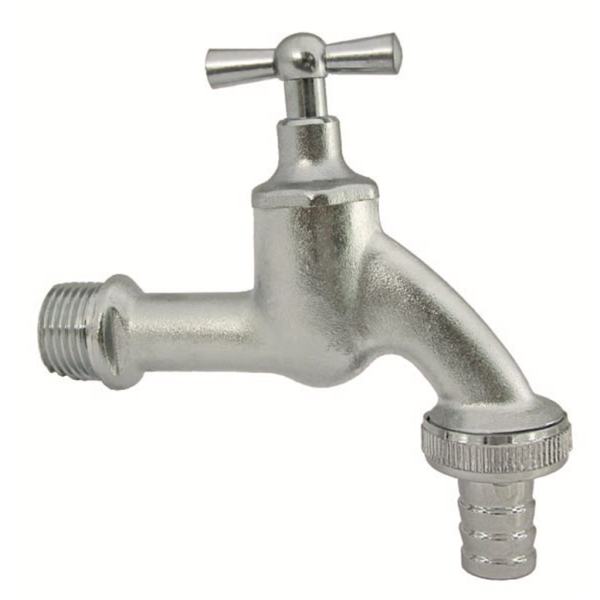 Auslaufventil 1/2" mit Knebel und Schlauchverschraubung Messing  matt-verchromt