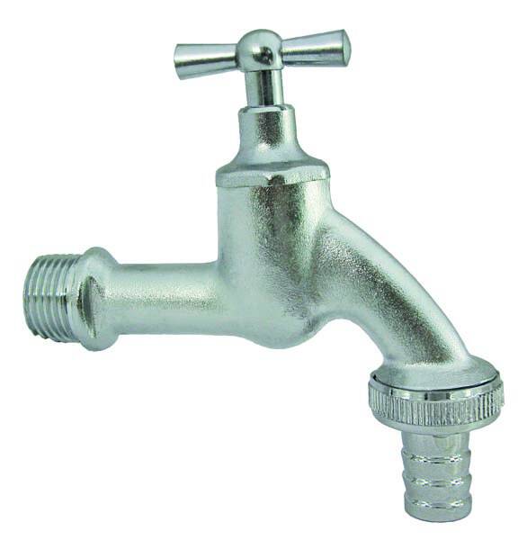 Auslaufventil 1/2" mit Knebel und Schlauchverschraubung Messing  matt-verchromt